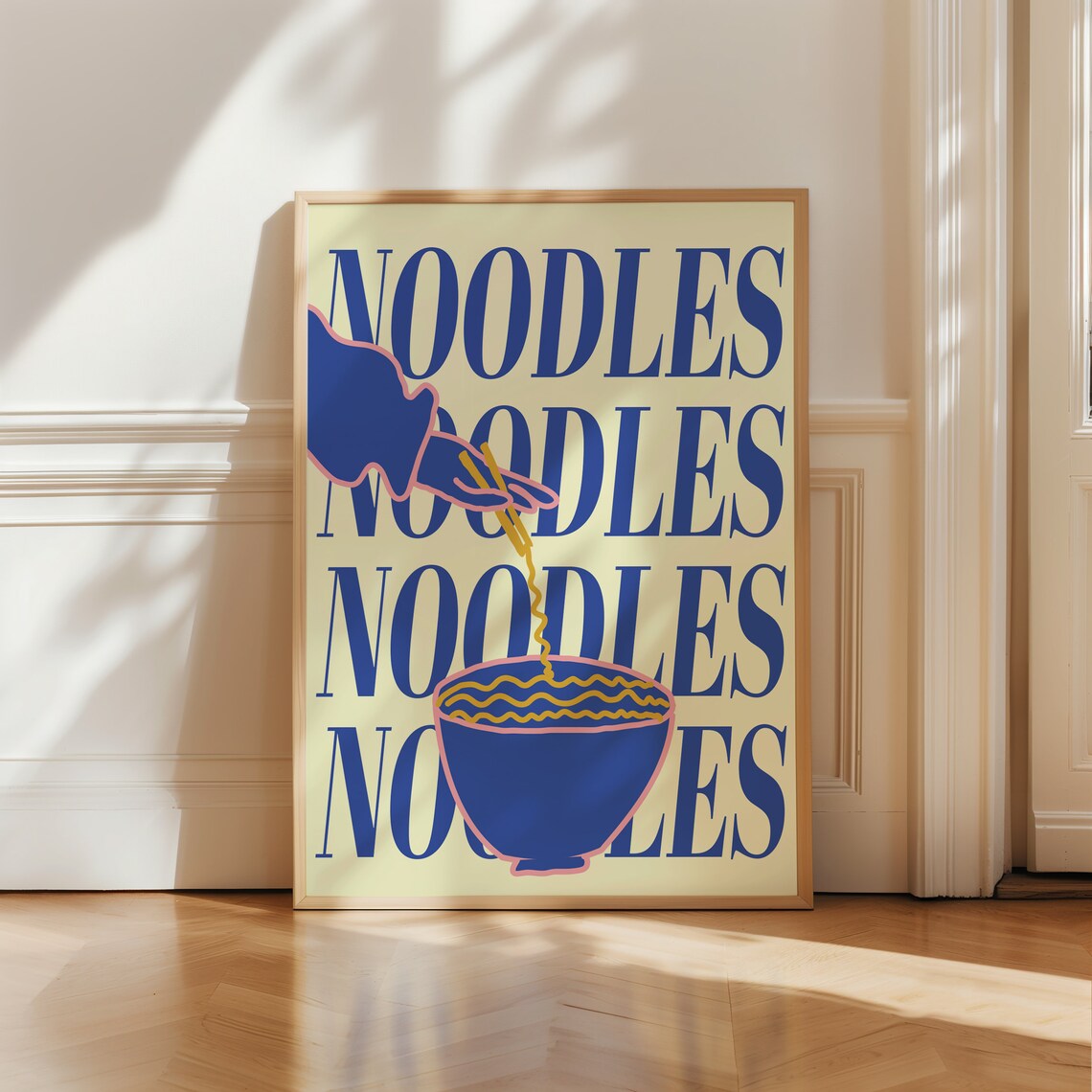 Bold Blue Noodles Typography Bowl Retro Style Kitchen Wall Art