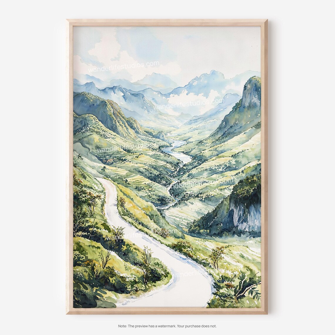 Ha Giang Vietnam Watercolor Poster Mountain Road Valley Landscape