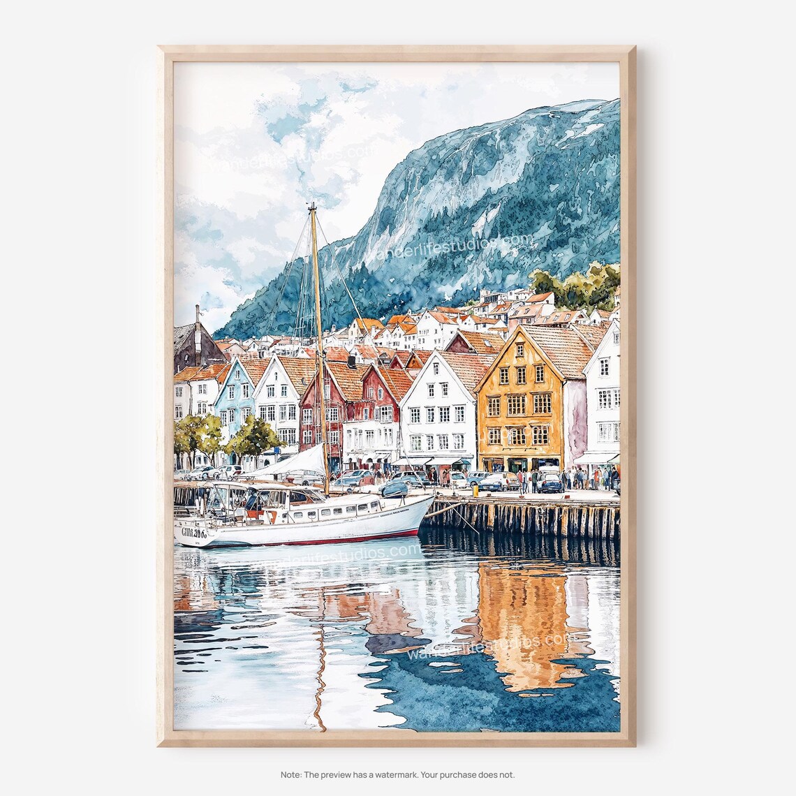 Bergen Norway Colorful Harbor Watercolor Cityscape Art Poster