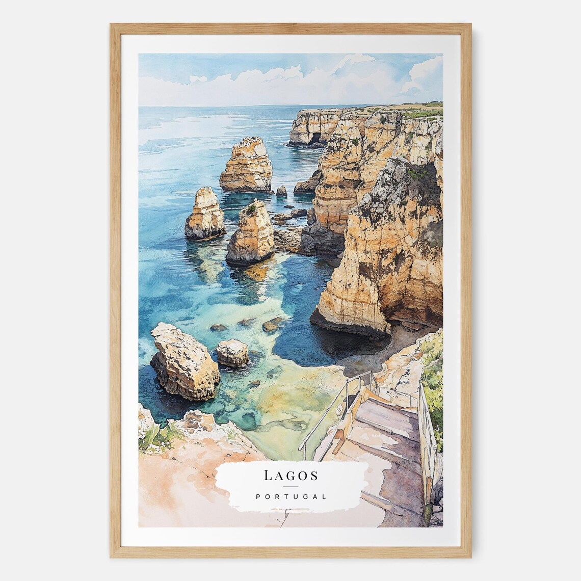 Lagos Portugal Golden Cliffs Turquoise Sea Algarve Watercolor Poster