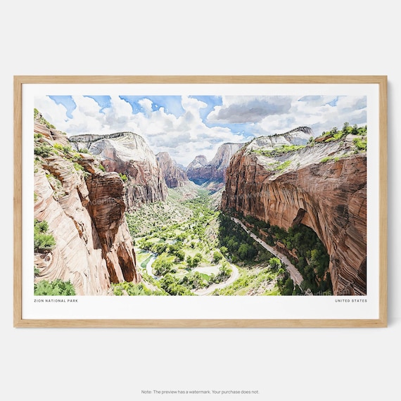 Zion National Park Canyon Cliffs Watercolor Travel Art Poster