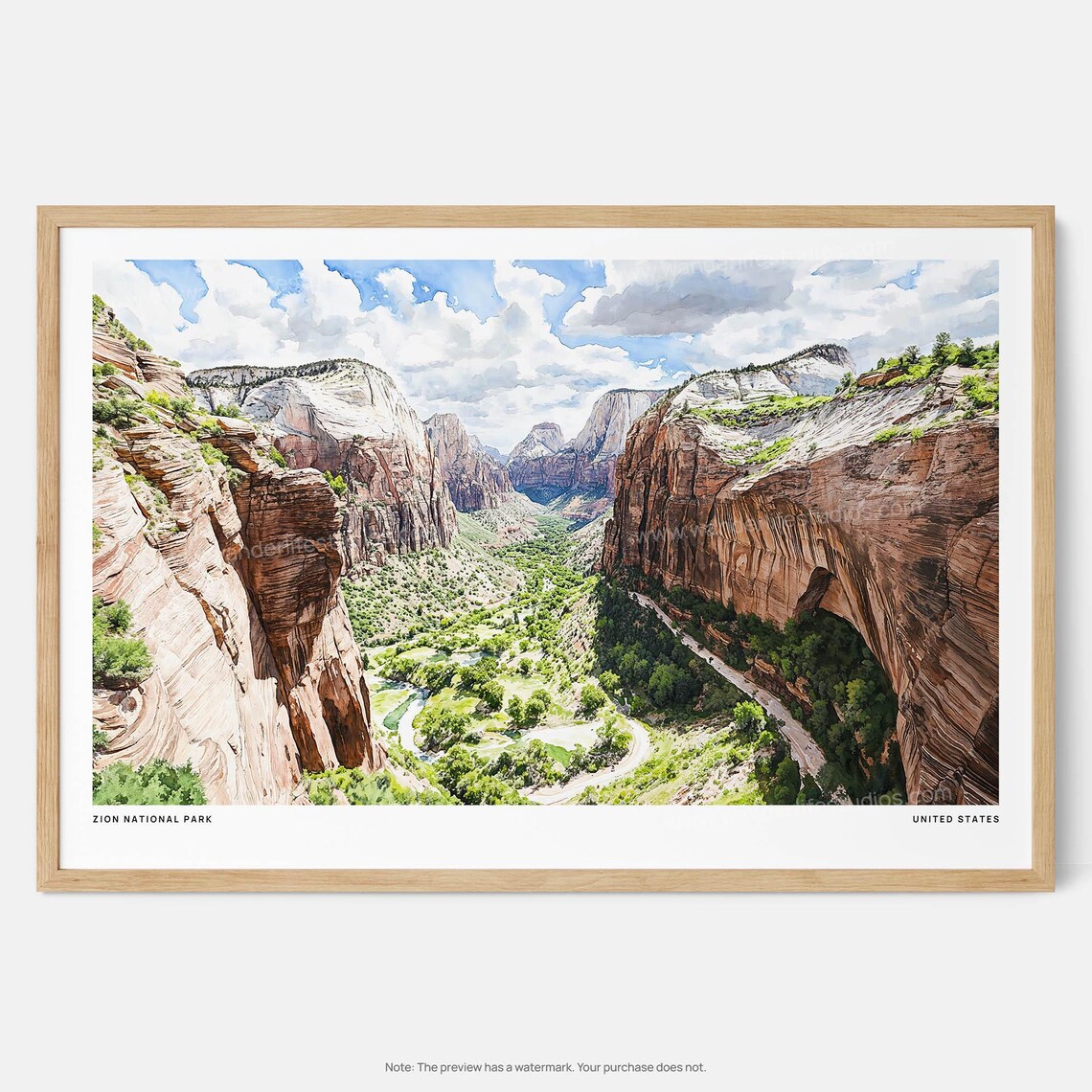 Zion National Park Canyon Cliffs Watercolor Travel Art Poster