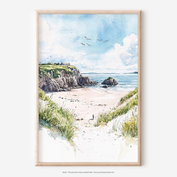 Coastal Cliff Beach Watercolor Seagulls Sandy Cove Landscape Poster