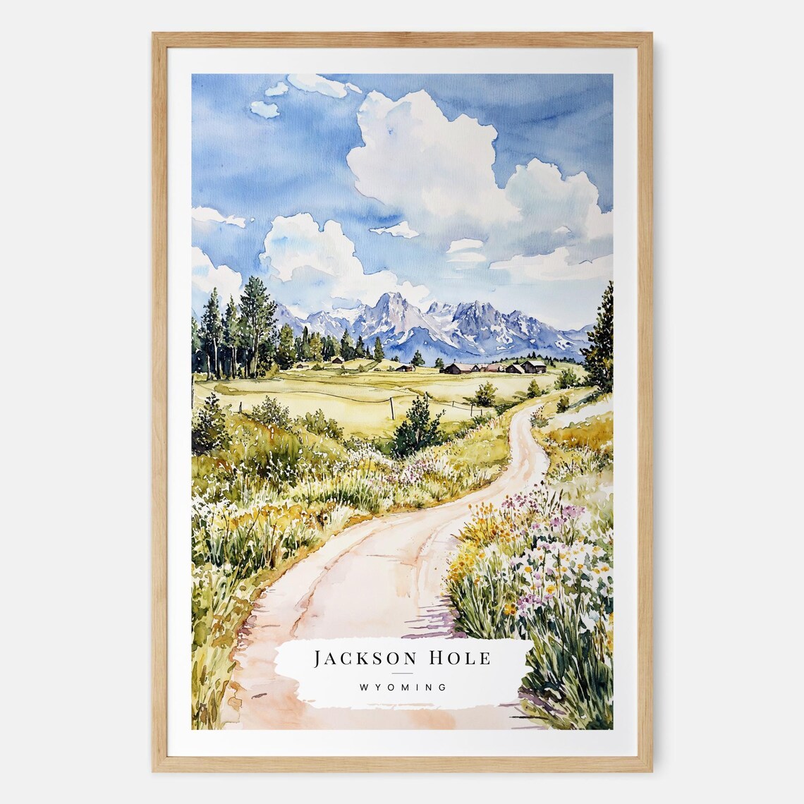 Jackson Hole Wyoming Watercolor Poster Mountain Road Wildflowers