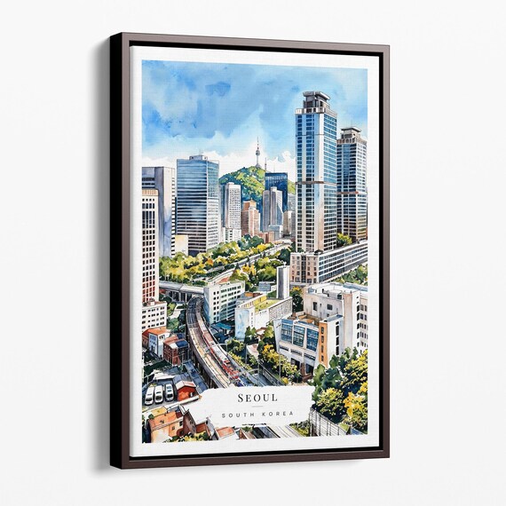 Seoul Skyline Watercolor Canvas Art Print Cityscape Wall Decor