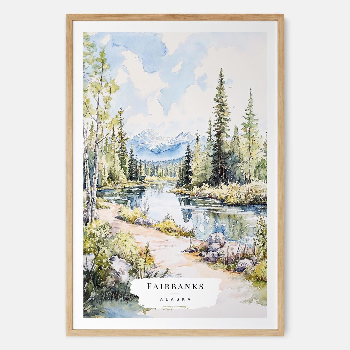 Fairbanks Alaska Summer Watercolor Poster River Pine Mountains Scene