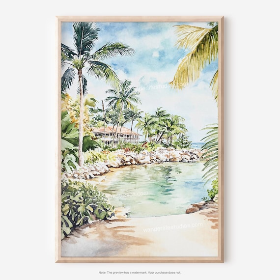 Jamaica Tropical Beach Palm Lagoon Watercolor Scene Art Poster