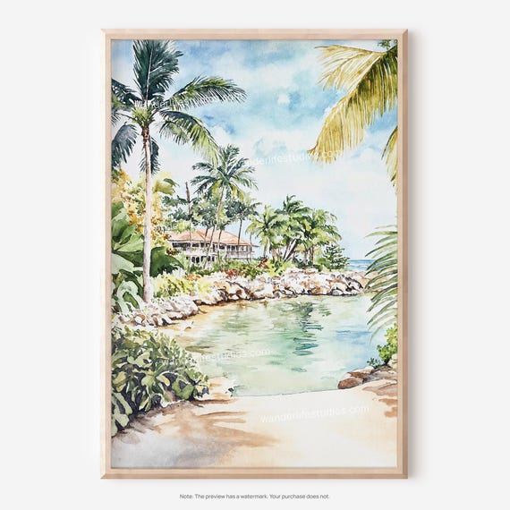 Jamaica Watercolor Wall Art Tropical Landscape