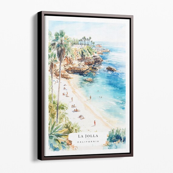 La Jolla California Watercolor Beach Cove Palms Coastal Travel Poster