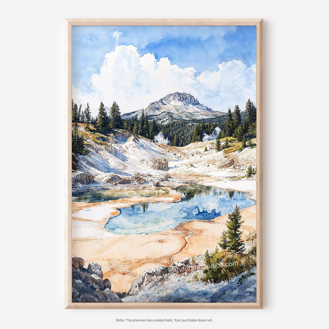 Lassen Volcanic Snowy Mountain Hot Springs Watercolor Poster