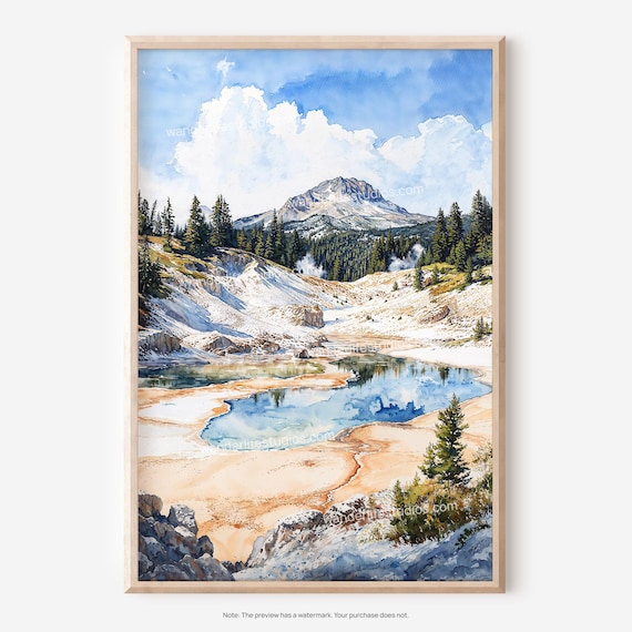 Lassen Volcanic Snowy Mountain Hot Springs Watercolor Poster