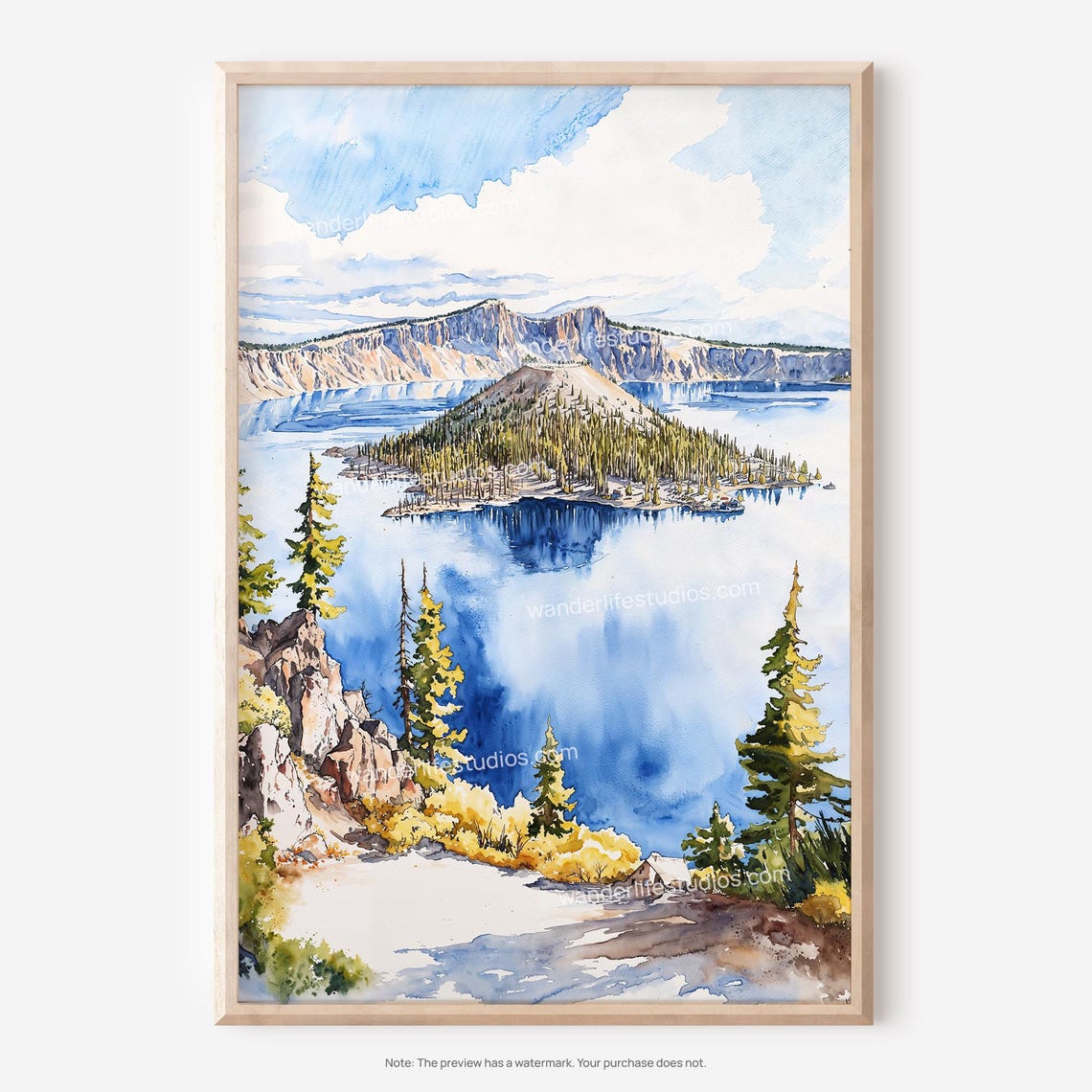Volcanic Island Blue Lake Watercolor Pine Cliffs Landscape Poster