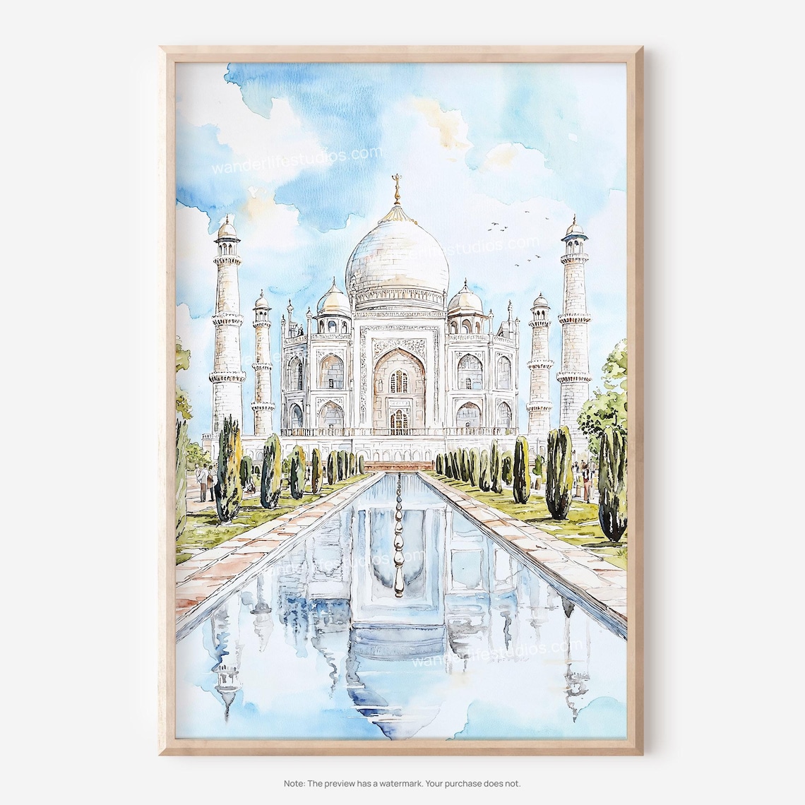 Taj Mahal Reflecting Pool Watercolor India Landmark Travel Poster