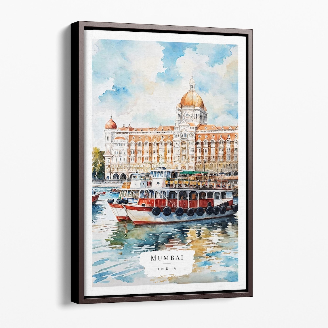 Mumbai India Taj Mahal Palace Hotel Boats Harbor Watercolor Poster