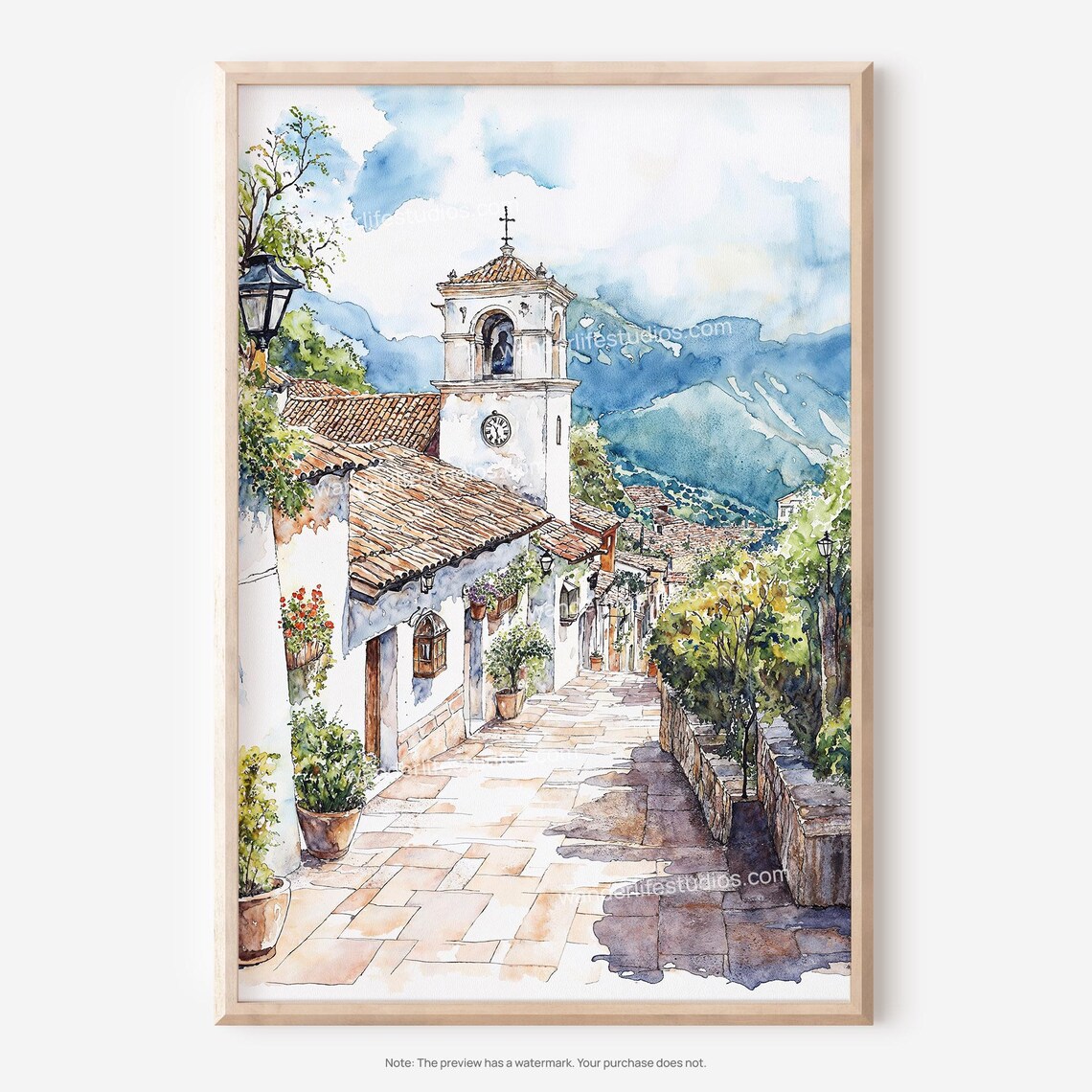 Medellin Old Town Colonial Street Church Watercolor Colombia Poster