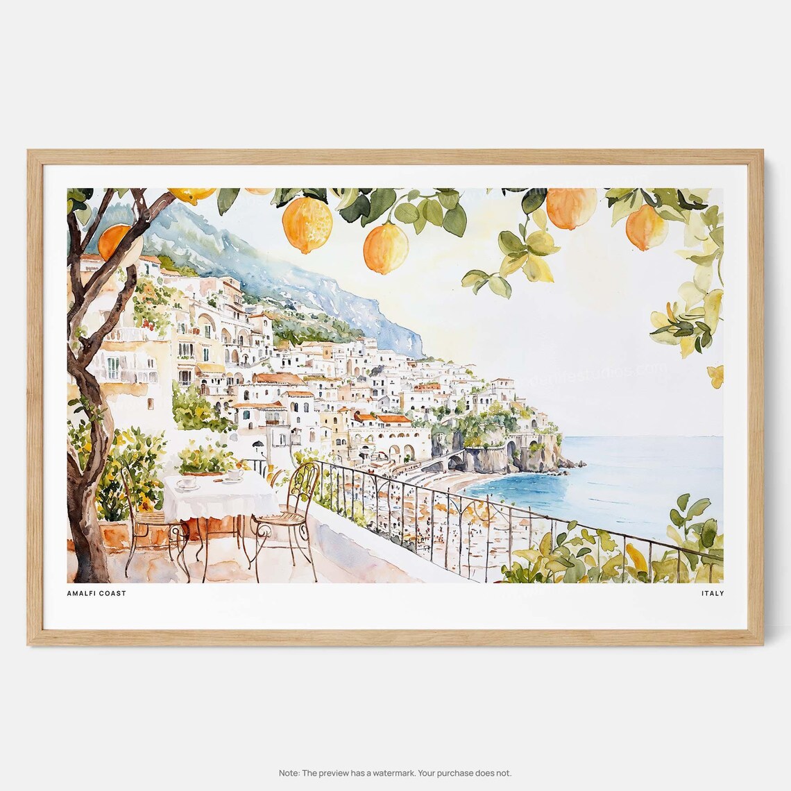 Amalfi Coast Watercolor Art Print, Coastal Landscape