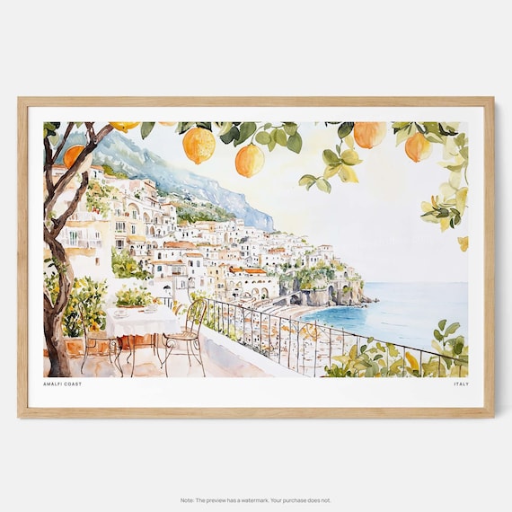 Amalfi Coast Watercolor Art Print, Coastal Landscape