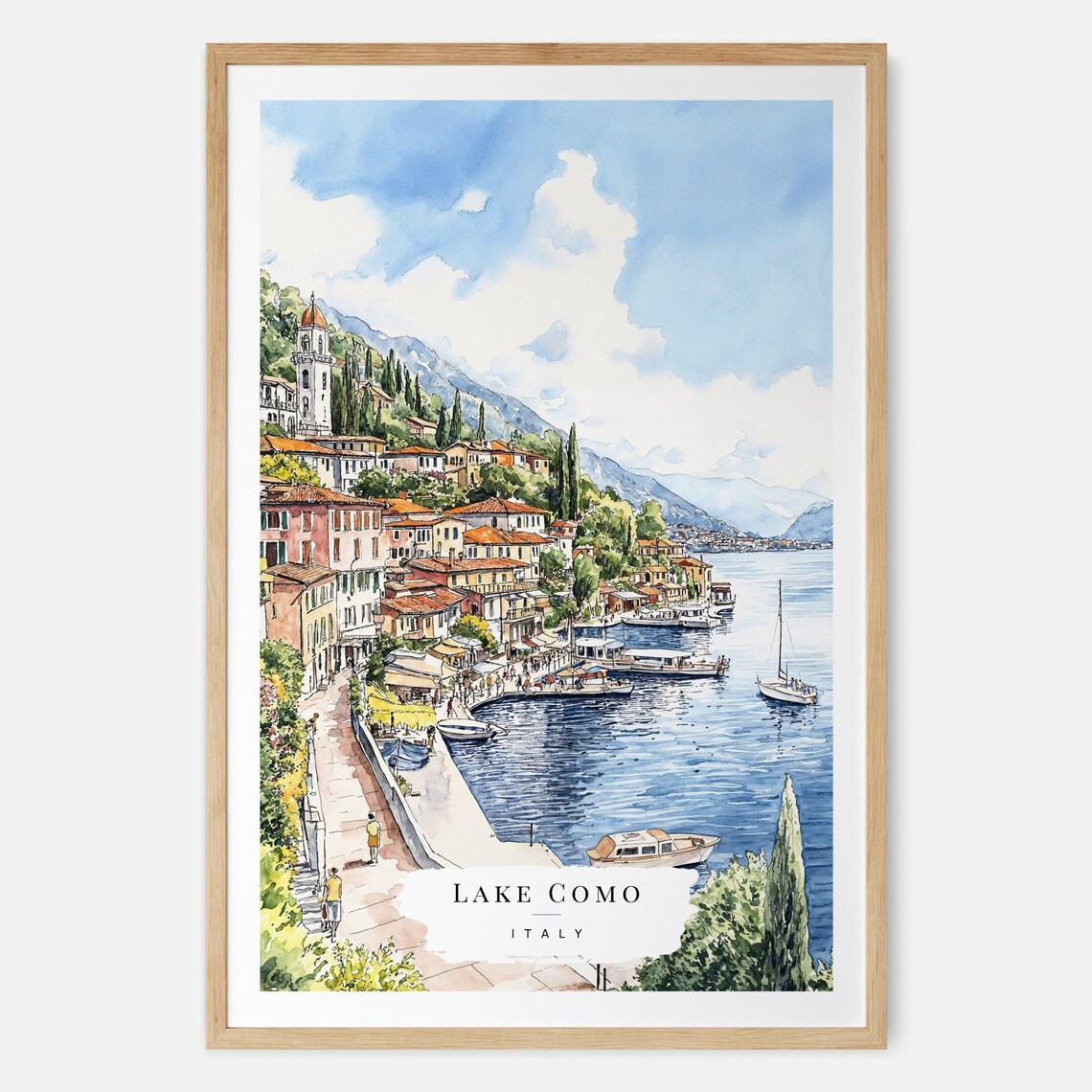 Lake Como Italy Watercolor Lakeside Village Boats Travel Poster