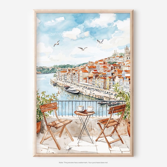 Porto Riverside Coffee with Douro River Boats Watercolor Poster