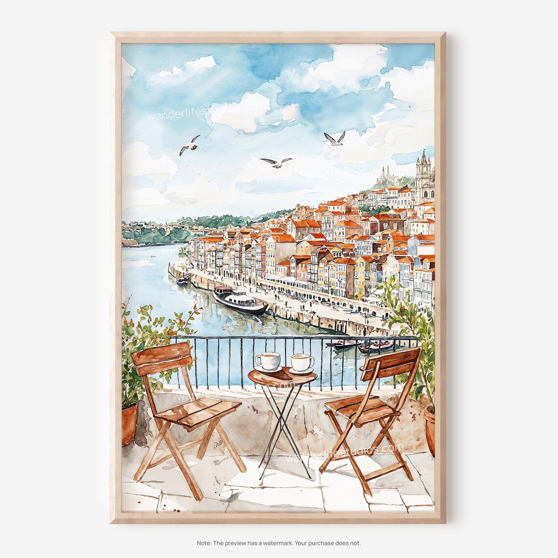 Porto Riverside Coffee with Douro River Boats Watercolor Poster