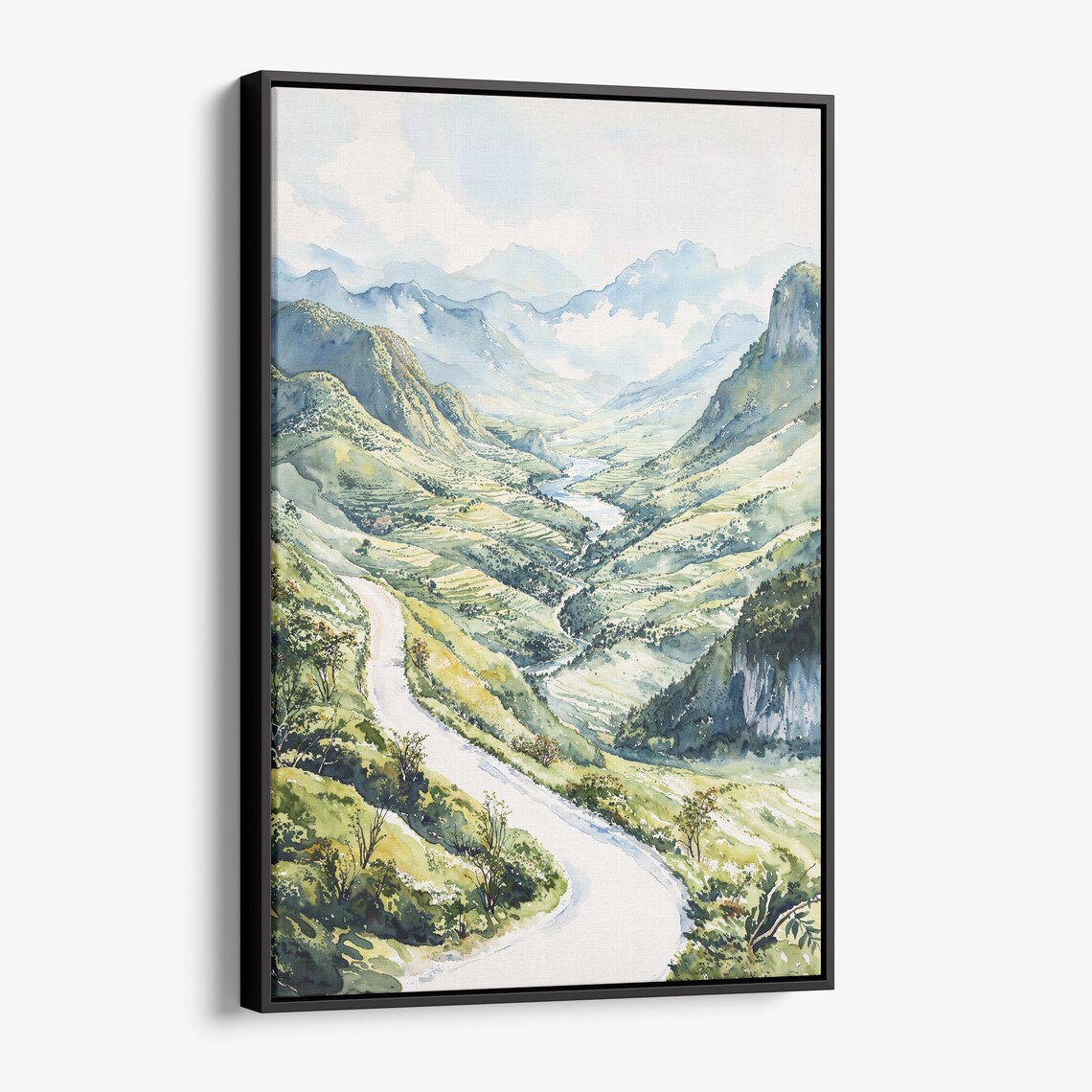 Green Mountain Valley Winding Road Watercolor Landscape Poster