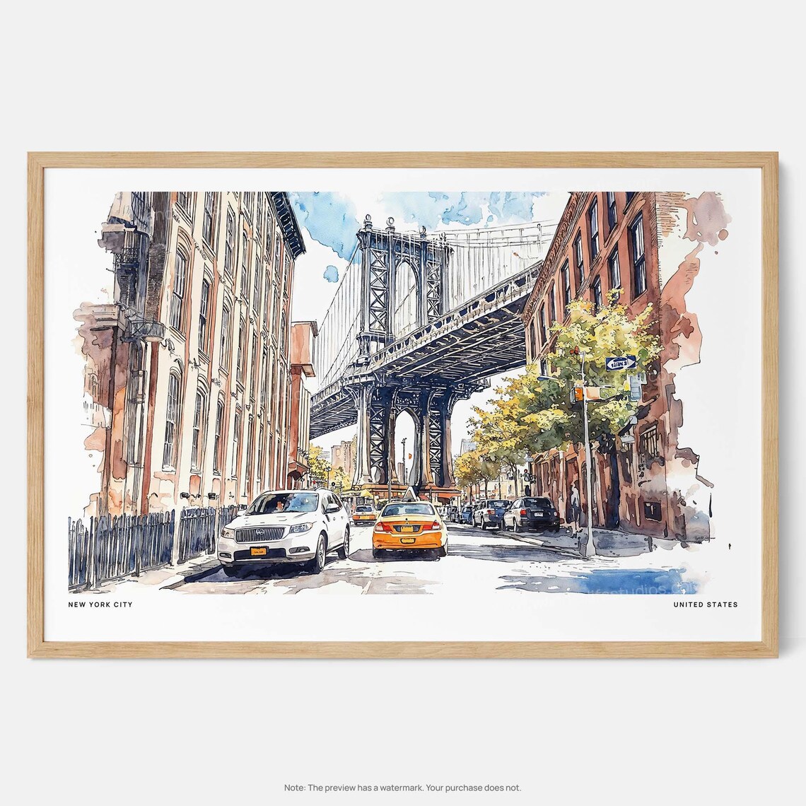 Manhattan Bridge Art Print Nyc Watercolor Cityscape Wall