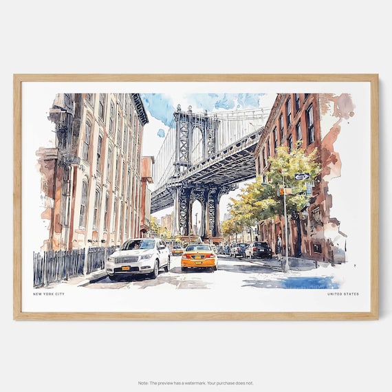Manhattan Bridge Art Print Nyc Watercolor Cityscape Wall