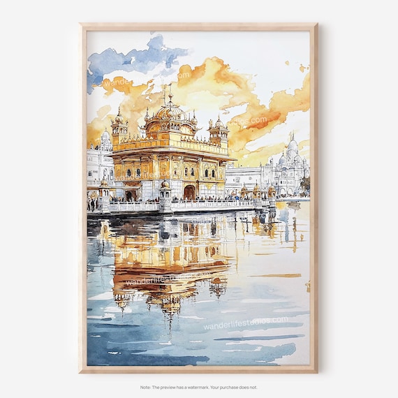 Golden Temple Amritsar Watercolor Orange Sky Reflection Poster