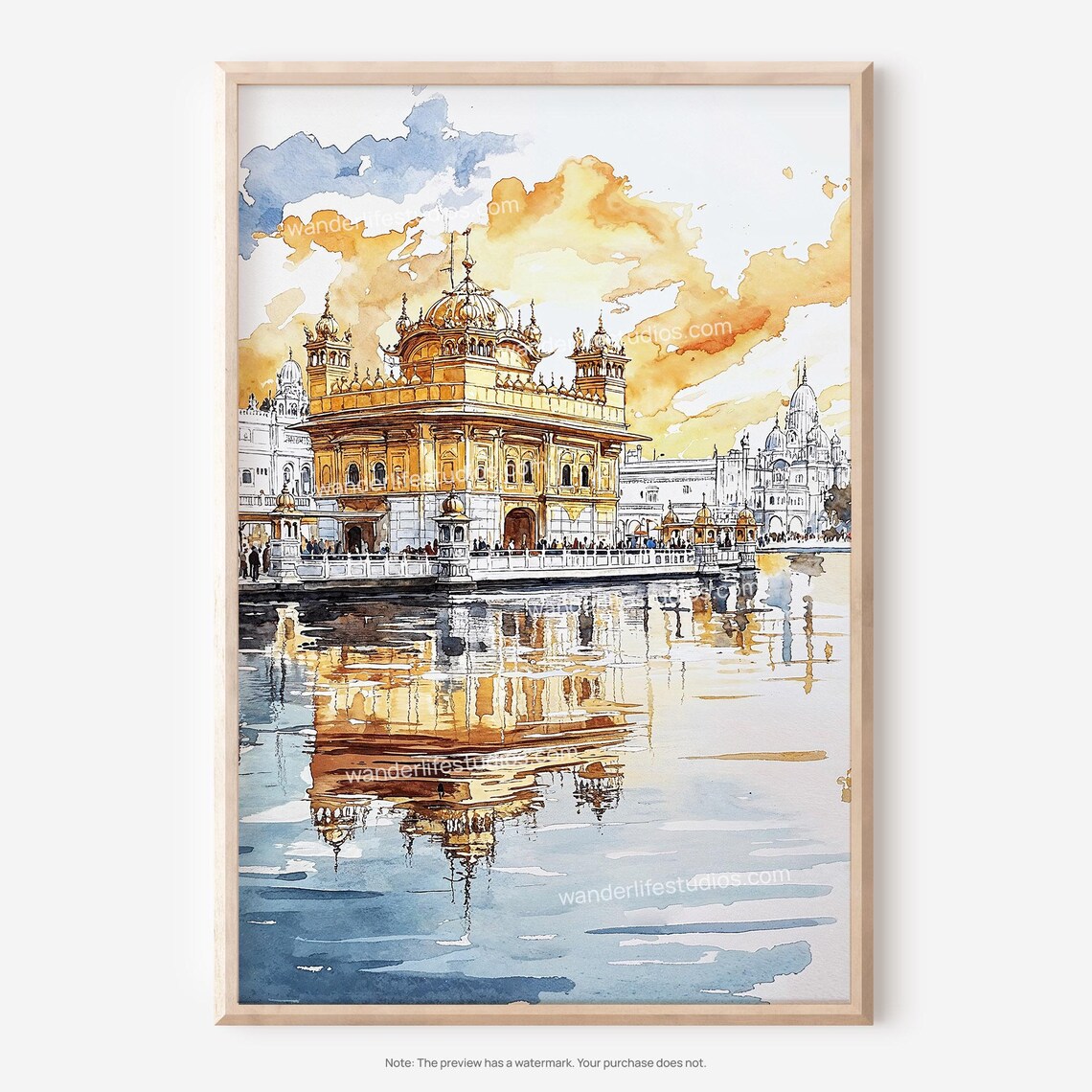 Golden Temple Amritsar Watercolor Orange Sky Reflection Poster