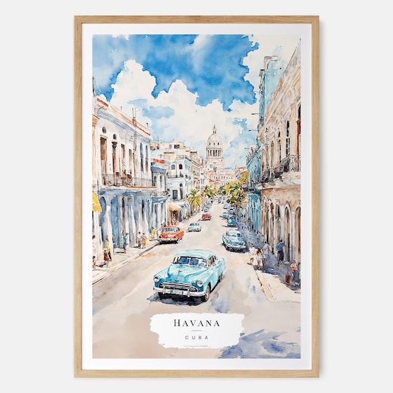 Havana Cuba Vintage Cars Classic Street Watercolor Travel Art Poster