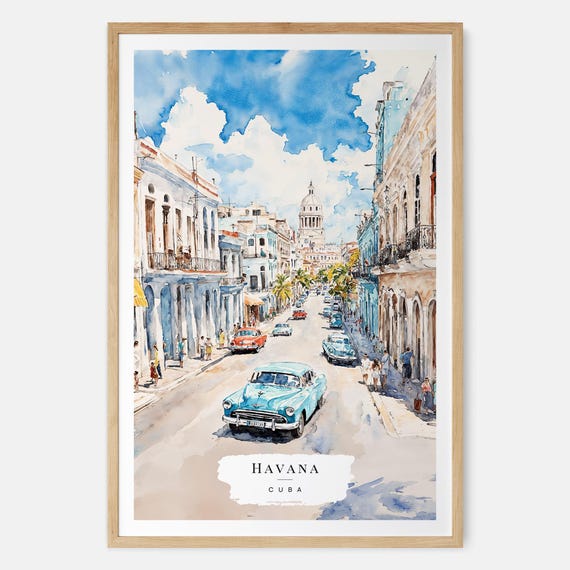 Havana Watercolor Art Vintage Car Print Wall Decor Travel Gift Caribbean Vacation Home For Travelers