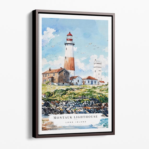 Montauk Lighthouse Watercolor Canvas Art Print Coastal Landscape Wall Decor