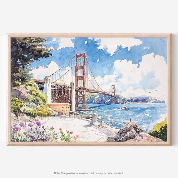 Golden Gate Bridge Wall Art Watercolor Style For Instant Decor