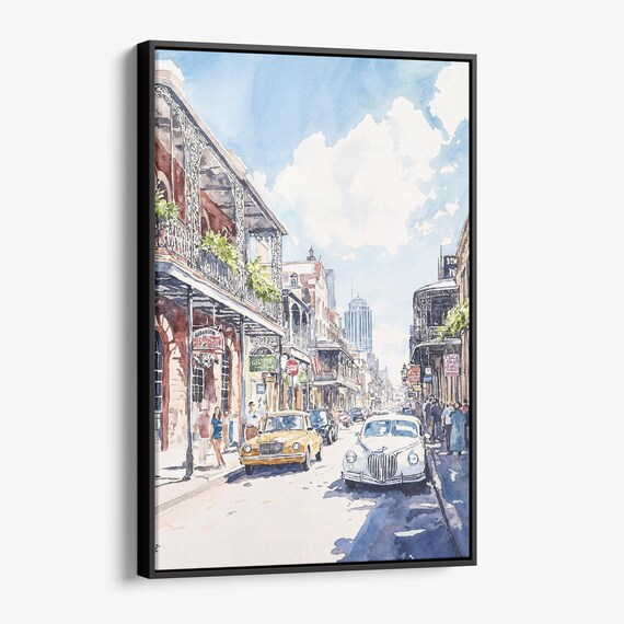 Bourbon Street New Orleans Watercolor Balconies Vintage Cars Art Poster