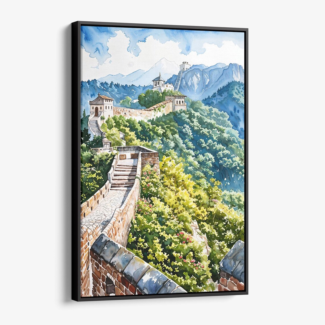 Great Wall of China Sunlit Watchtowers Mountain Watercolor Poster