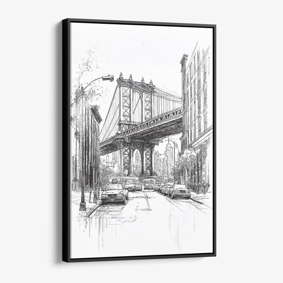 Manhattan Bridge Pencil Sketch DUMBO Street Brooklyn NYC Drawing Poster