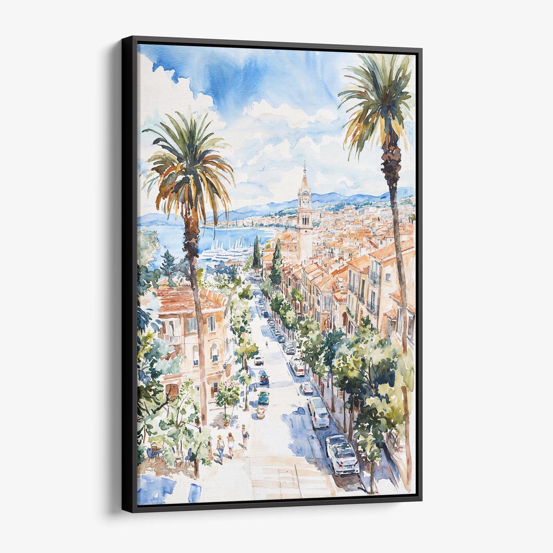 French Mediterranean Coastal Town Street Harbor Watercolor Poster