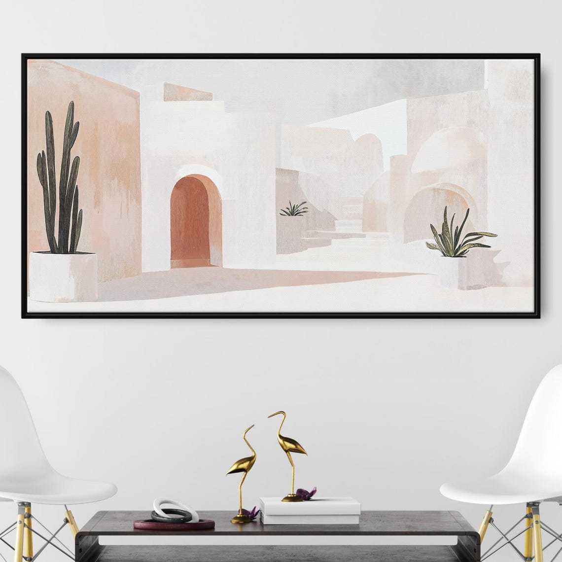 Mediterranean Arches Courtyard Cacti Minimalist Boho Panoramic Poster
