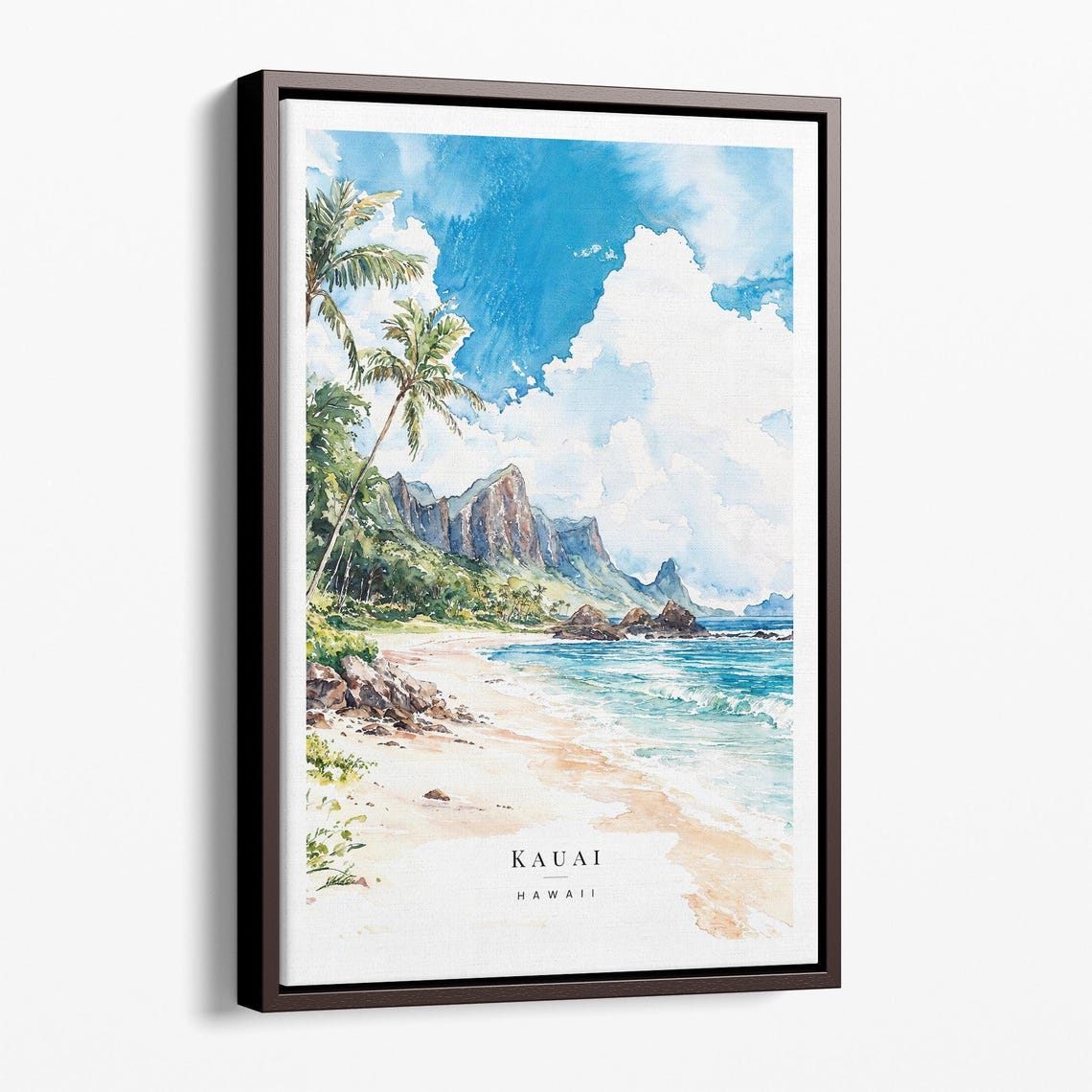 Kauai Hawaii Watercolor Tropical Beach Palm Mountains Travel Poster