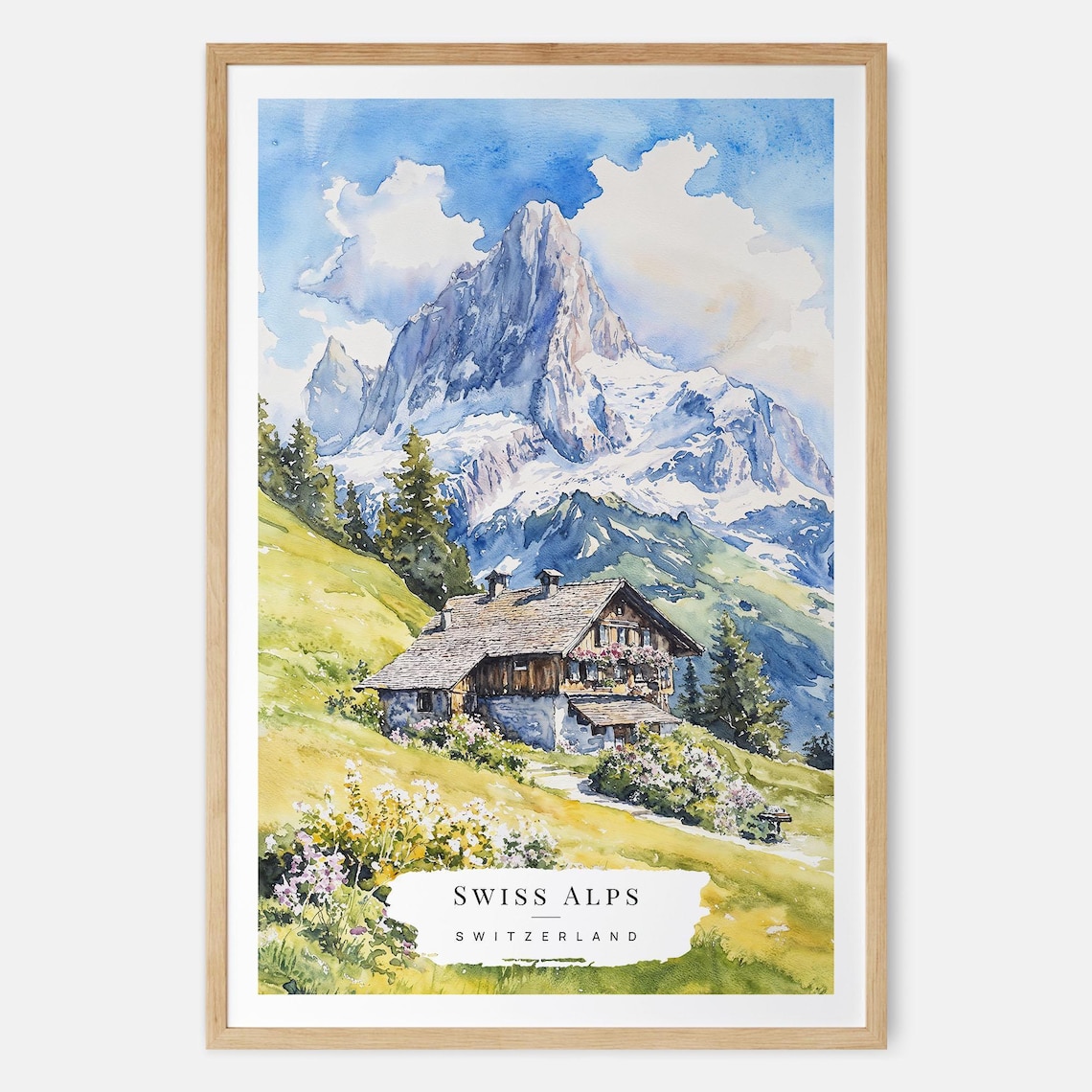 Swiss Alps Watercolor Mountain Chalet Snow Peak Travel Art Poster