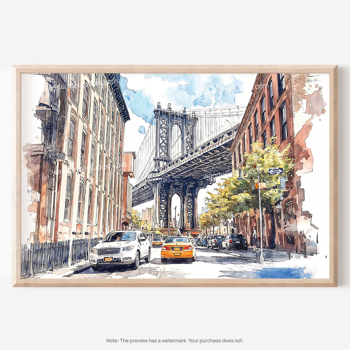 Manhattan Bridge Brooklyn New York Watercolor Street Scene Poster