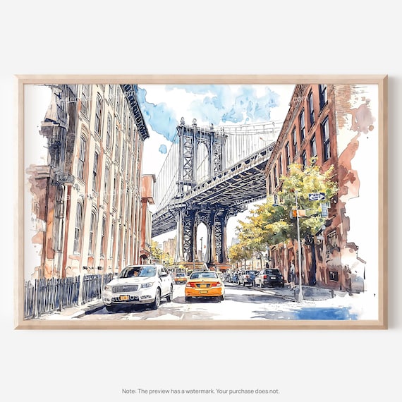 Manhattan Bridge Brooklyn New York Watercolor Street Scene Poster