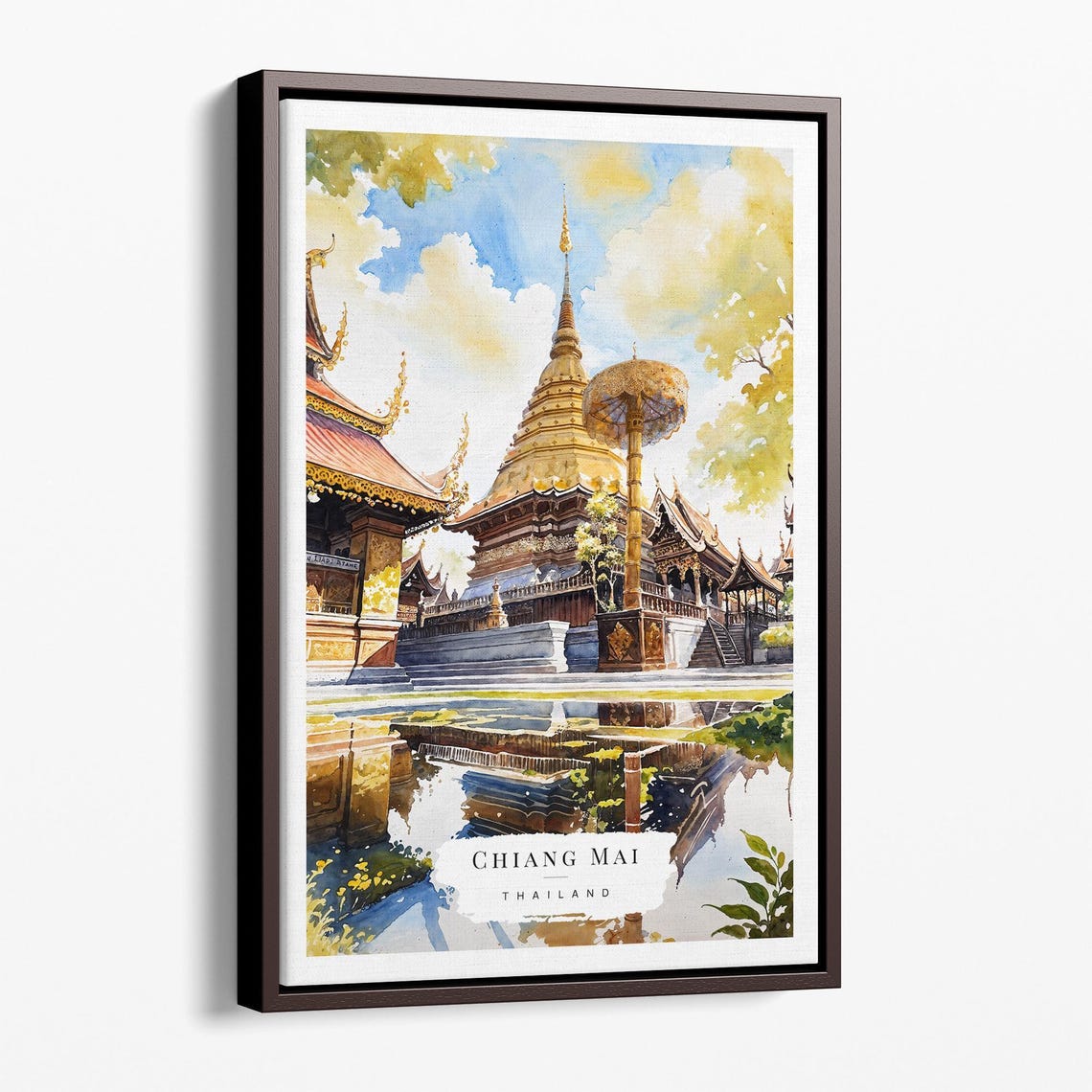 Chiang Mai Thailand Golden Temple Stupa Reflection Watercolor Poster