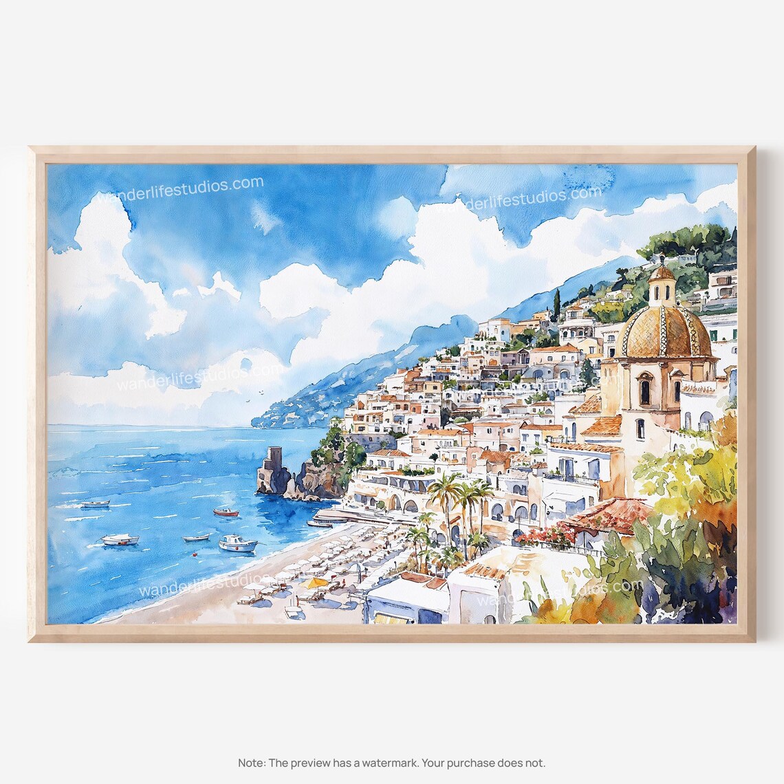 Positano Italy Coastline with Beach Umbrellas Watercolor Travel Poster