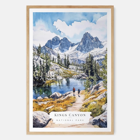 Kings Canyon National Park Sierra Hikers Alpine Lake Watercolor Poster