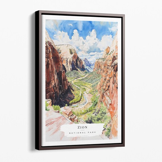 Zion National Park Utah Red Canyon Cliffs Watercolor Travel Poster
