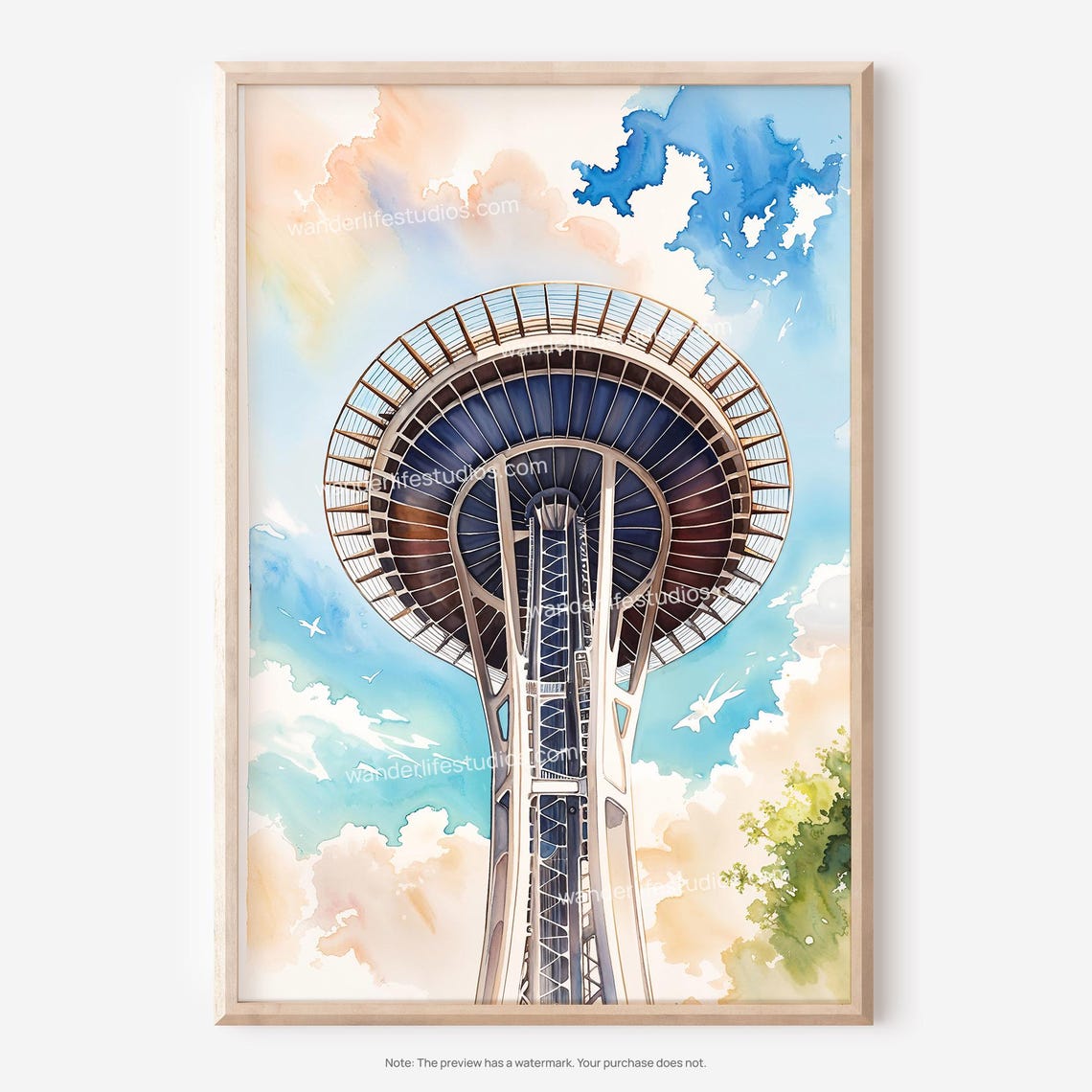 Iconic Seattle Space Needle Tower Watercolor Cloudy Sky Art Poster