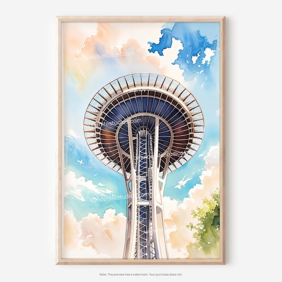 Iconic Seattle Space Needle Tower Watercolor Cloudy Sky Art Poster