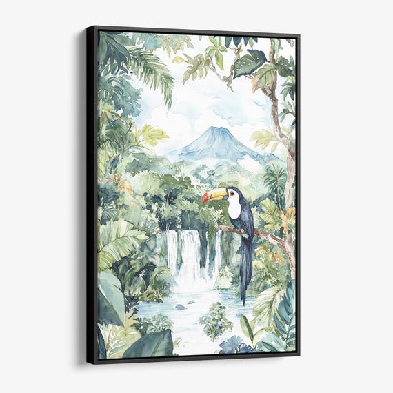 Costa Rica Arenal Volcano Canvas Print Watercolor Jungle Scene Wall Art