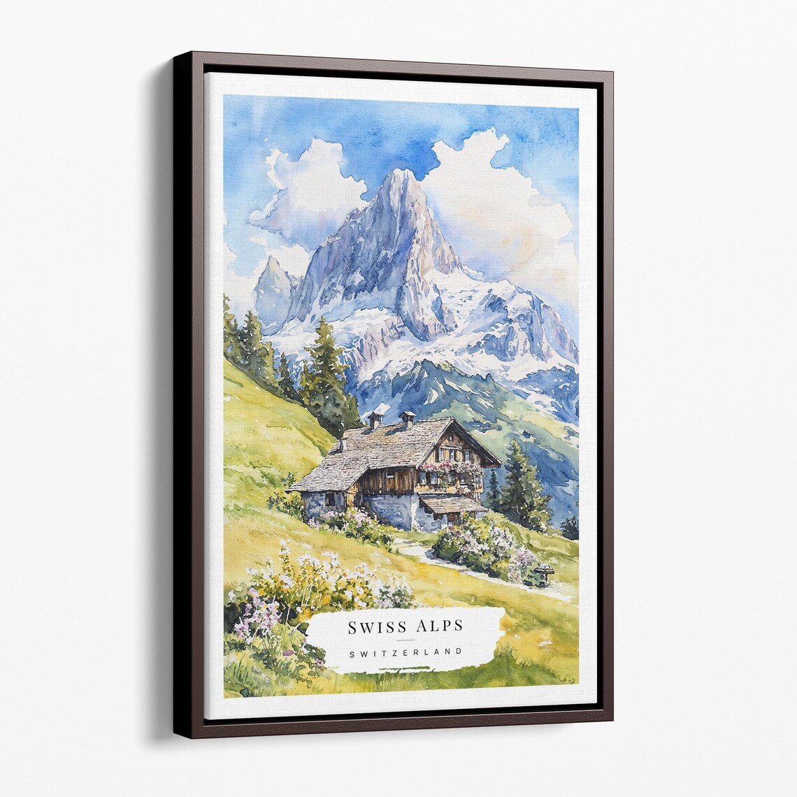 Swiss Alps Switzerland Watercolor Poster With Wooden Alpine Chalet